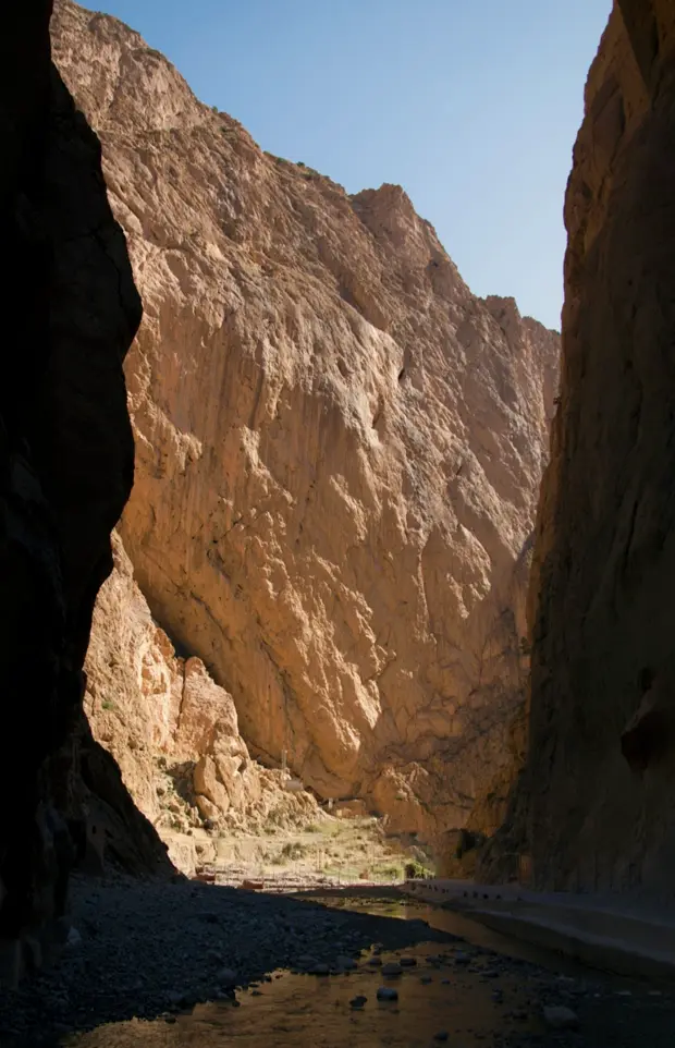 Paredes de roca verticales en el cañón estrecho de las gargantas del todra con el río en la base